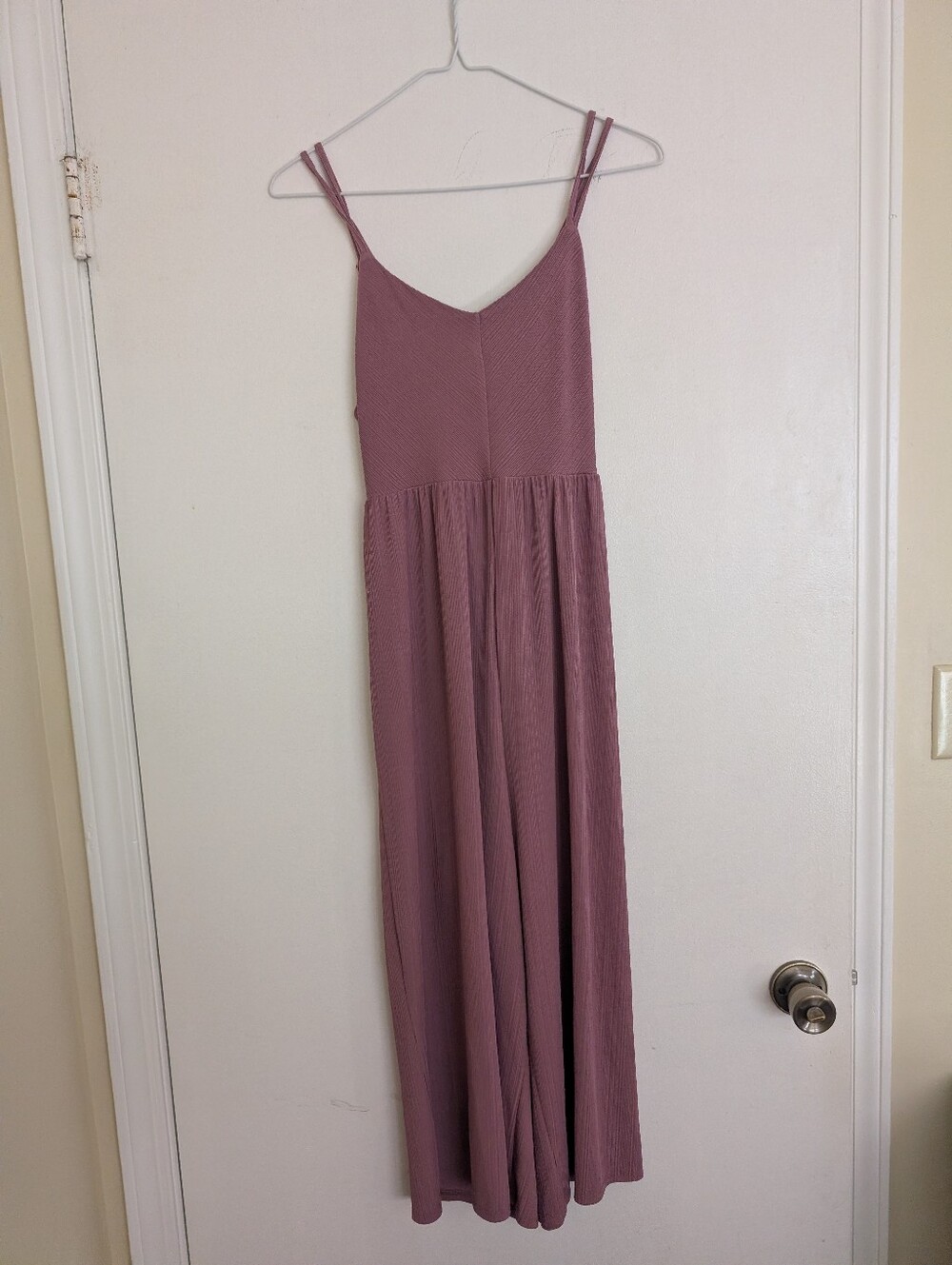 Mauve Ribbed Knit Wide Leg Jumpsuit Strappy Crisscross Back Small